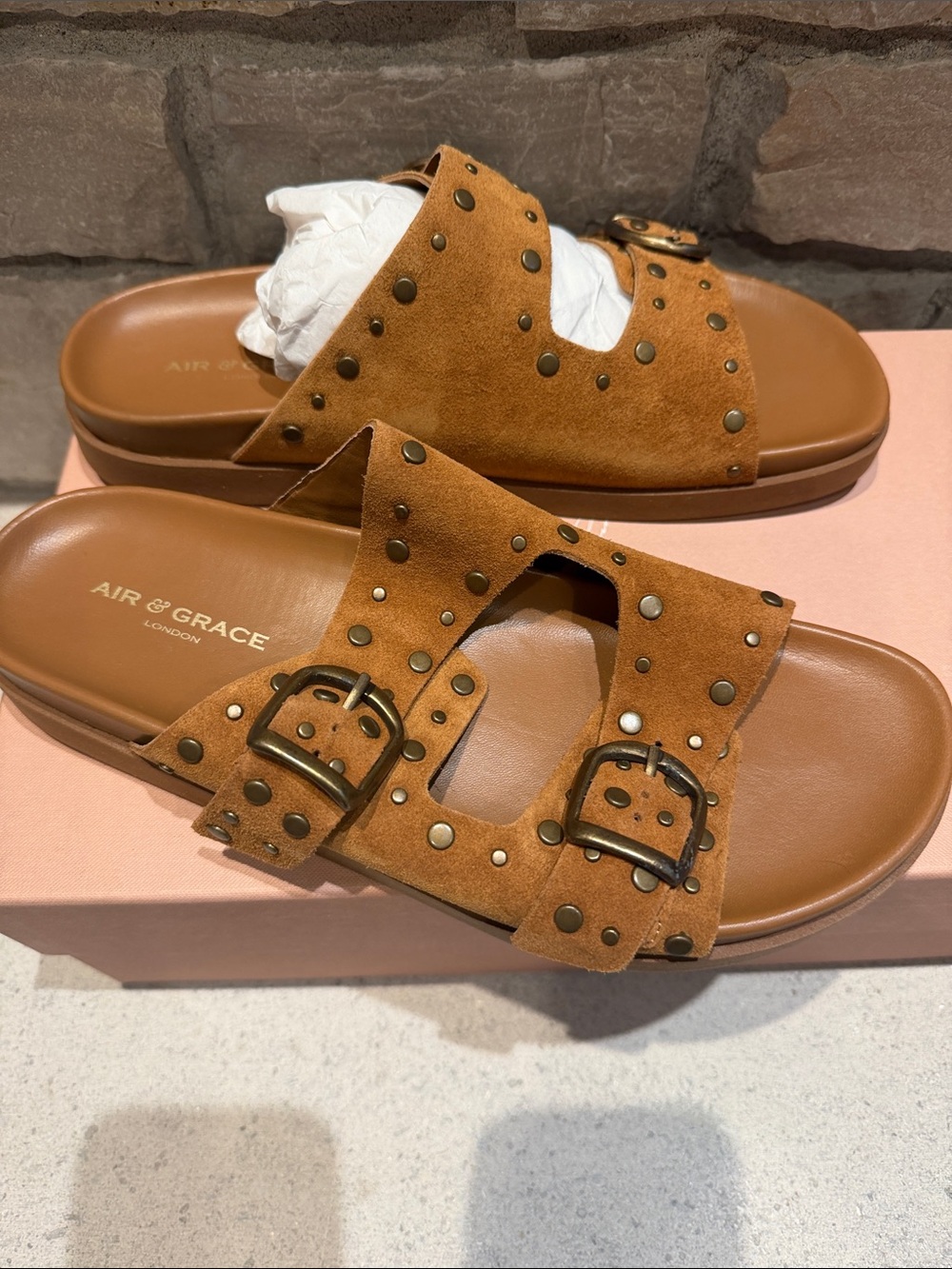 Suede Studded Tan Slide Sandals